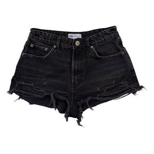 Zara‎ High Waisted Distressed Denim Shorts Size 4 Black Raw Hem